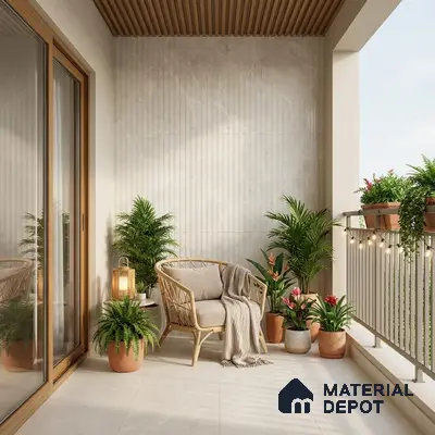 Scandinavian balcony with beige marble-look floor tiles, fluted wall tiles, and wooden ceiling louvers