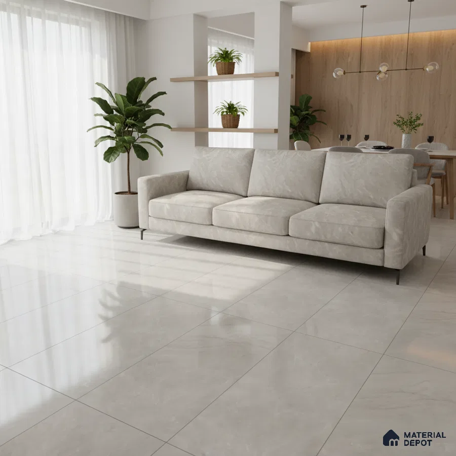 Modern living room with beige marble-look floor tiles and light wood accent wall