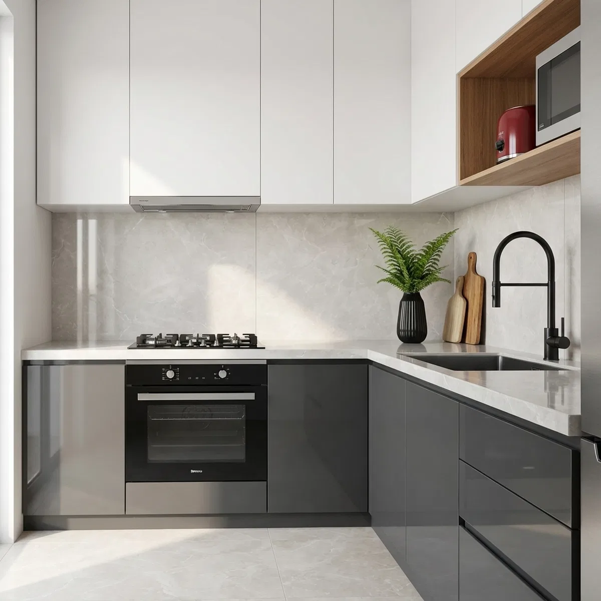 Modern dual tone kitchen with glossy grey and frosty white laminate ...
