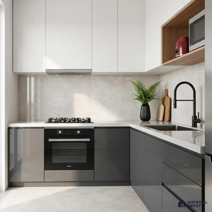 Modern dual tone kitchen with glossy grey and frosty white laminate, marble-look backsplash and countertop