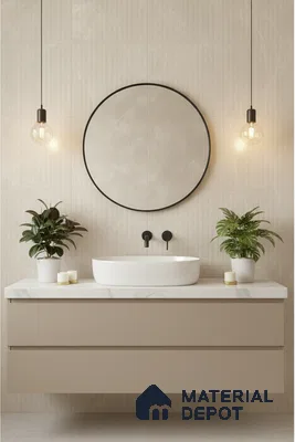 Minimalist bathroom with beige fluted wall tiles and matte beige vanity