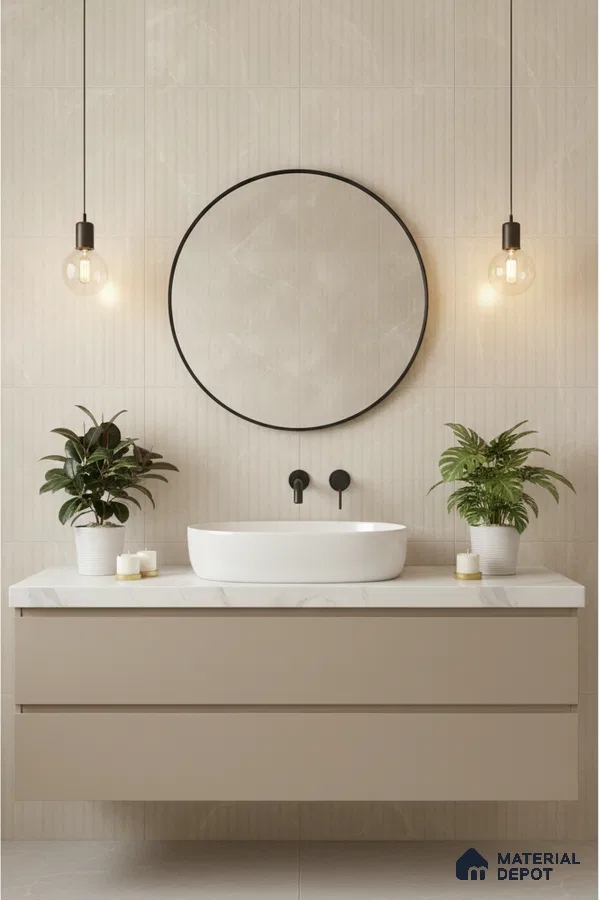 Minimalist bathroom with beige fluted wall tiles and matte beige vanity