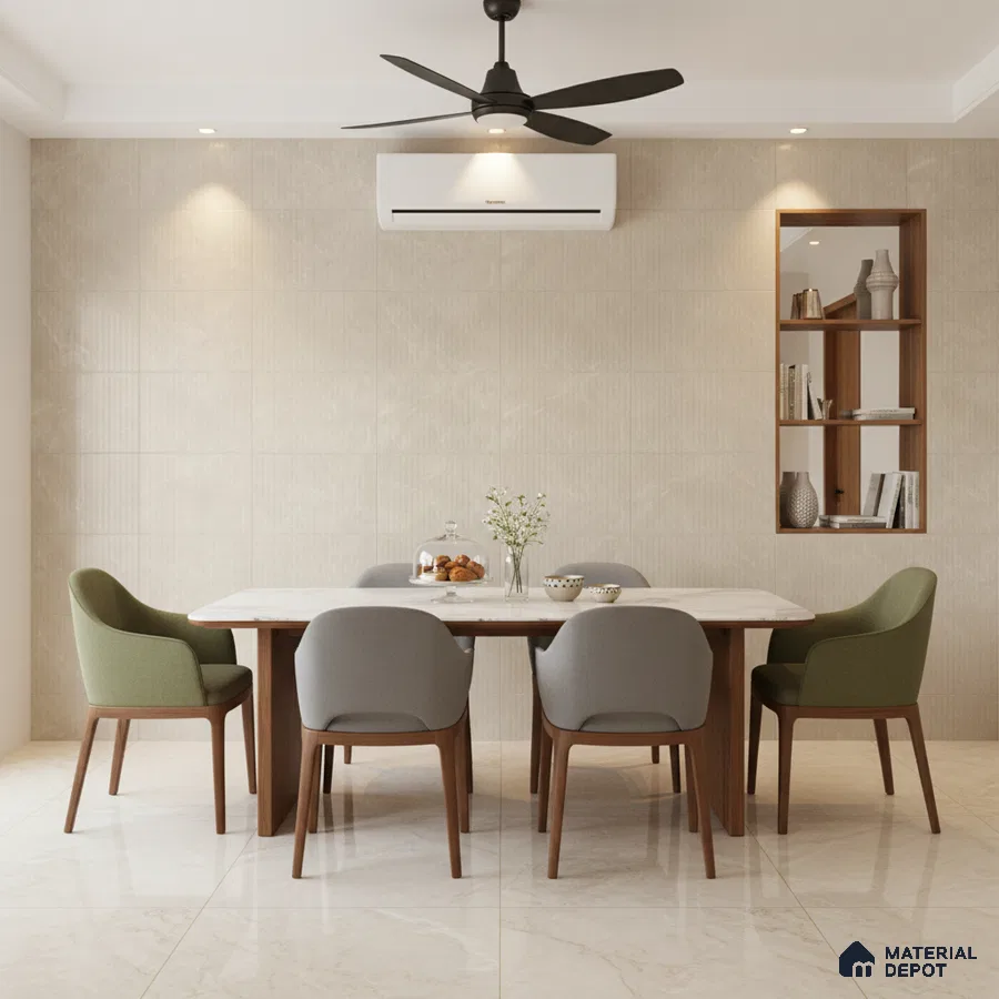 Modern dining room with beige marble floor tiles and textured beige wall tiles