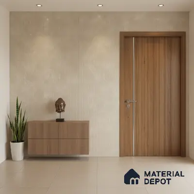Minimalist foyer with light beige marble wall tiles and oak wood laminate door and console