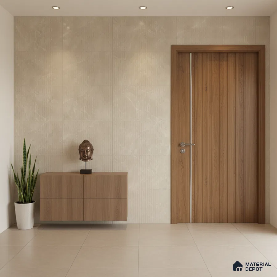 Minimalist foyer with light beige marble wall tiles and oak wood laminate door and console