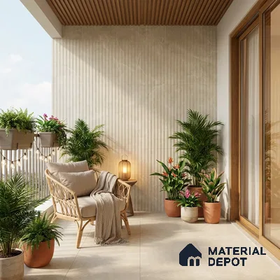 Scandinavian balcony with beige fluted wall tiles, wooden ceiling louvers, and neutral floor tiles
