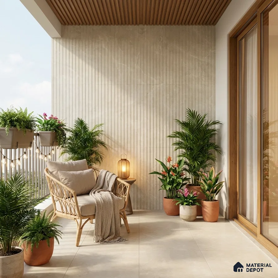 Scandinavian balcony with beige fluted wall tiles, wooden ceiling louvers, and neutral floor tiles