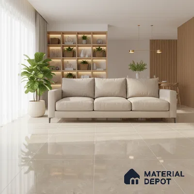 Scandinavian living room with beige marble floor tiles and light wood shelving