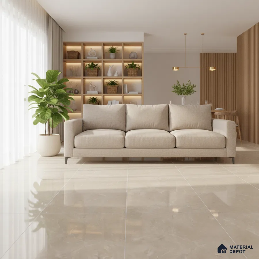 Scandinavian living room with beige marble floor tiles and light wood shelving