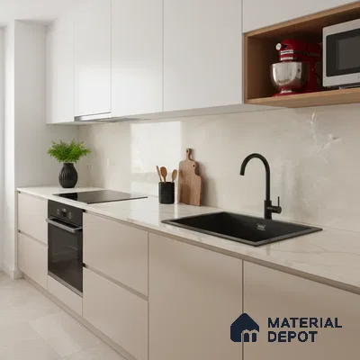 Minimalist kitchen with beige matte laminate cabinets and white marble-look backsplash