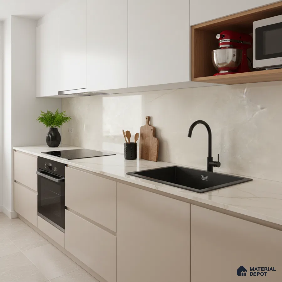 Minimalist kitchen with beige matte laminate cabinets and white marble-look backsplash