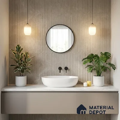 Minimalist bathroom with beige fluted wall tiles and white marble countertop