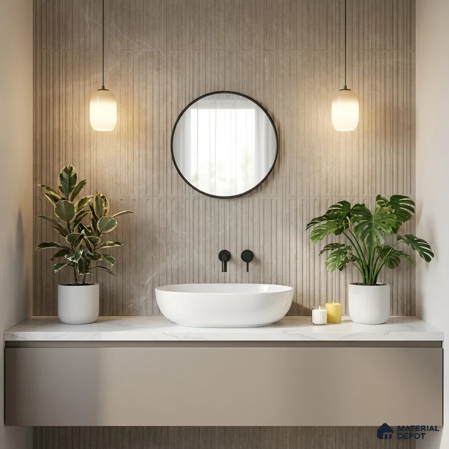 Minimalist bathroom with beige fluted wall tiles and white marble countertop