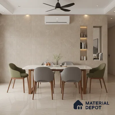 Scandinavian dining room with beige textured wall tiles, marble dining table, and wooden leg chairs
