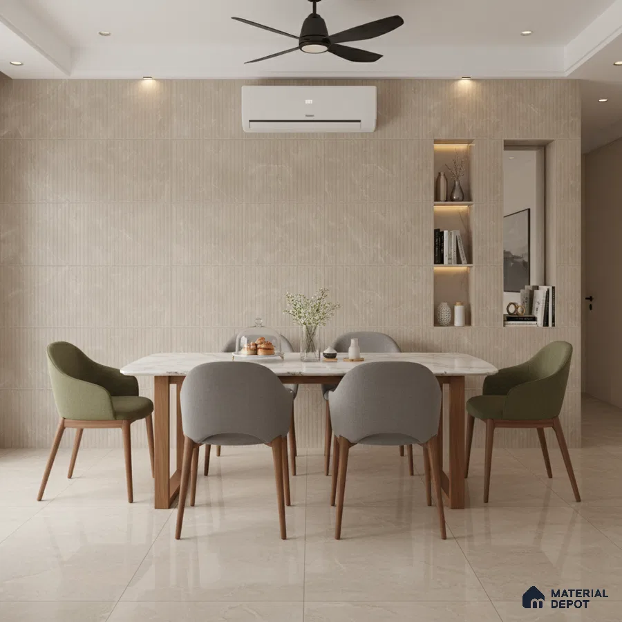 Scandinavian dining room with beige textured wall tiles, marble dining table, and wooden leg chairs