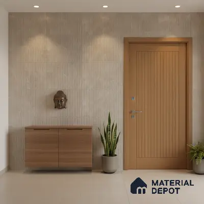Minimalist foyer with beige textured wall tiles and light oak laminate console