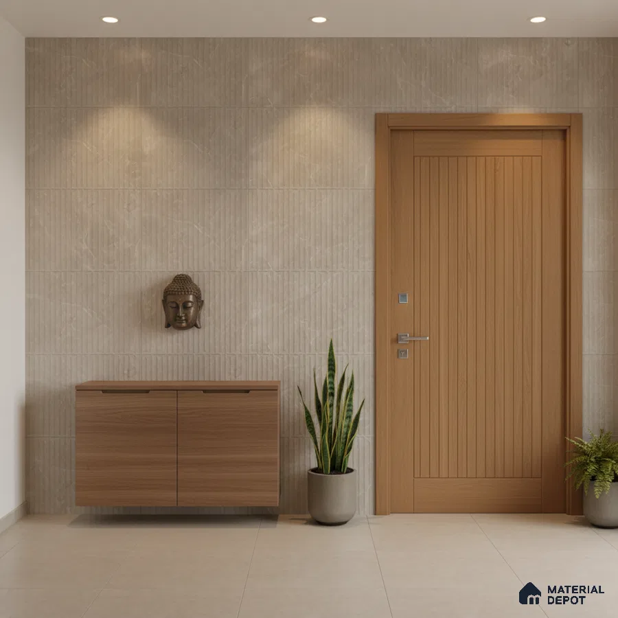 Minimalist foyer with beige textured wall tiles and light oak laminate console