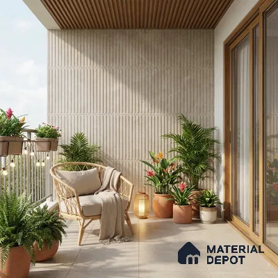 Scandinavian balcony with beige fluted wall tiles, wooden ceiling louvers, and light beige floor tiles