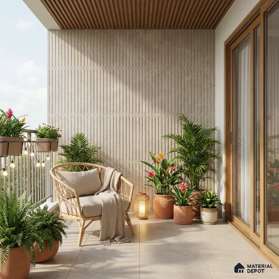 Scandinavian balcony with beige fluted wall tiles, wooden ceiling louvers, and light beige floor tiles