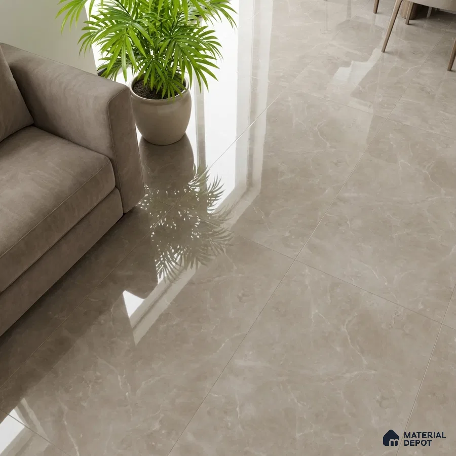 Modern living room with taupe marble-look glossy floor tiles and neutral sofa