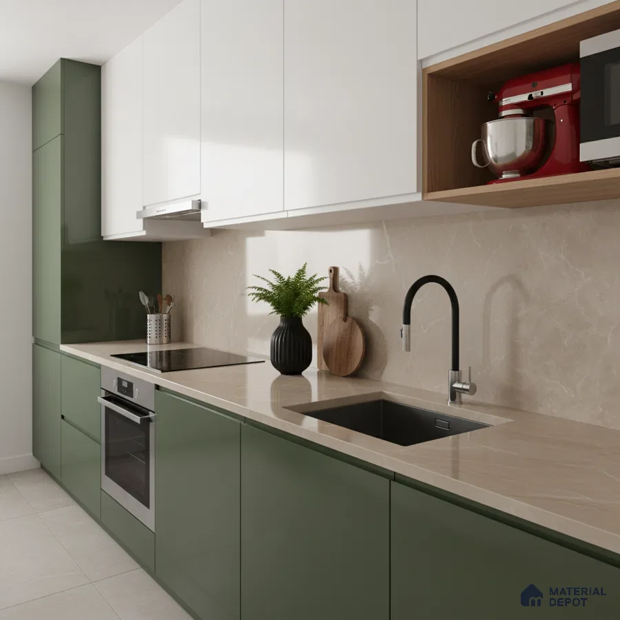 Modern kitchen with olive green and frosty white laminate, beige marble-look backsplash, and beige quartz countertop