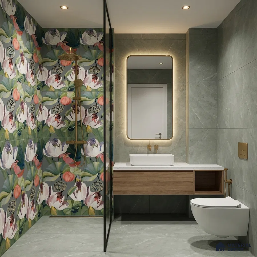 Modern bathroom with floral highlighter wall tiles, grey stone wall tiles, and floating wood vanity