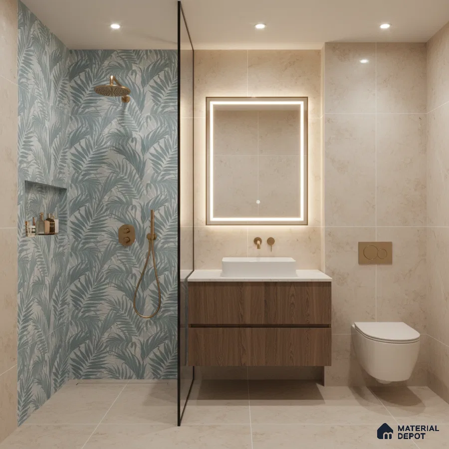 Modern bathroom with blue tropical highlighter wall tile, beige marble-look wall tile, and wood vanity