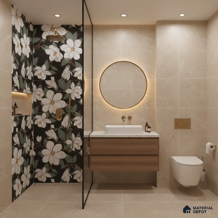 Modern bathroom with beige marble-look tiles, floral patterned highlighter wall tile, and wood vanity