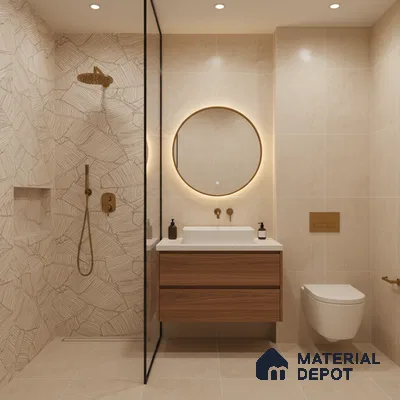 Modern bathroom with beige stone-look tiles, leaf-patterned highlighter wall tile, and wood finish vanity