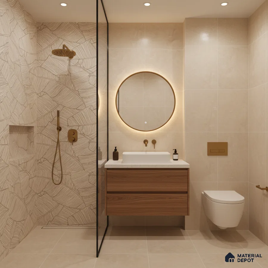 Modern bathroom with beige stone-look tiles, leaf-patterned highlighter wall tile, and wood finish vanity