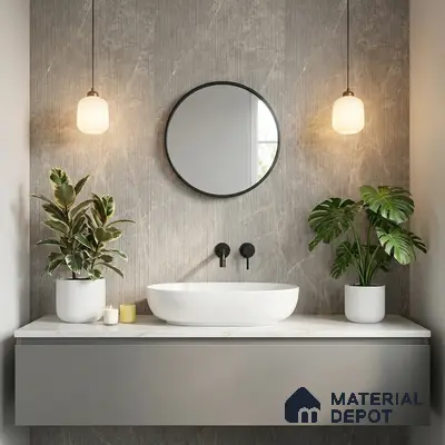 Minimalist bathroom with grey marble wall tile, white countertop, and matte grey floating vanity