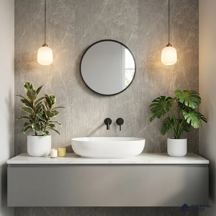 Minimalist bathroom with grey marble wall tile, white countertop, and matte grey floating vanity