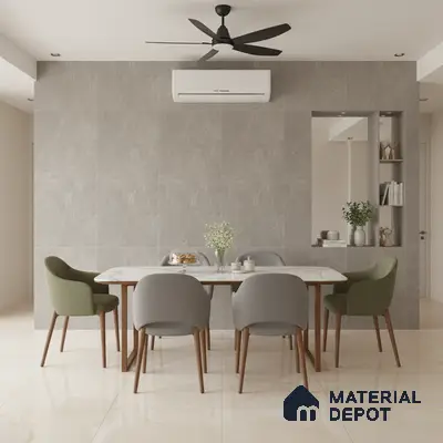 Minimalist dining room with grey stone wall tiles, marble dining tabletop, and beige polished floor tiles