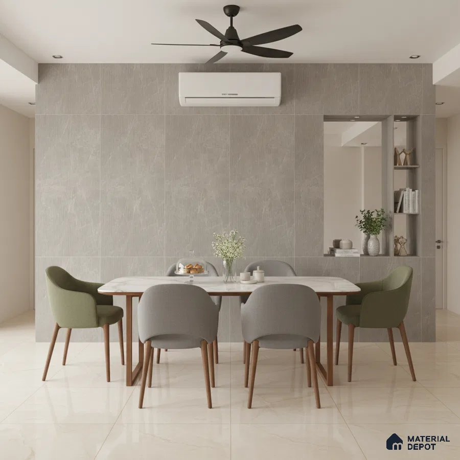 Minimalist dining room with grey stone wall tiles, marble dining tabletop, and beige polished floor tiles
