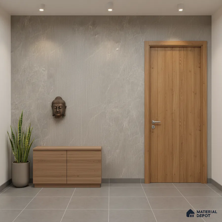 Minimalist foyer with light grey marble wall tile, natural oak laminate door, and grey floor tiles