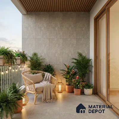 Scandinavian balcony with grey stone wall tiles, beige floor tiles, and wooden louver ceiling