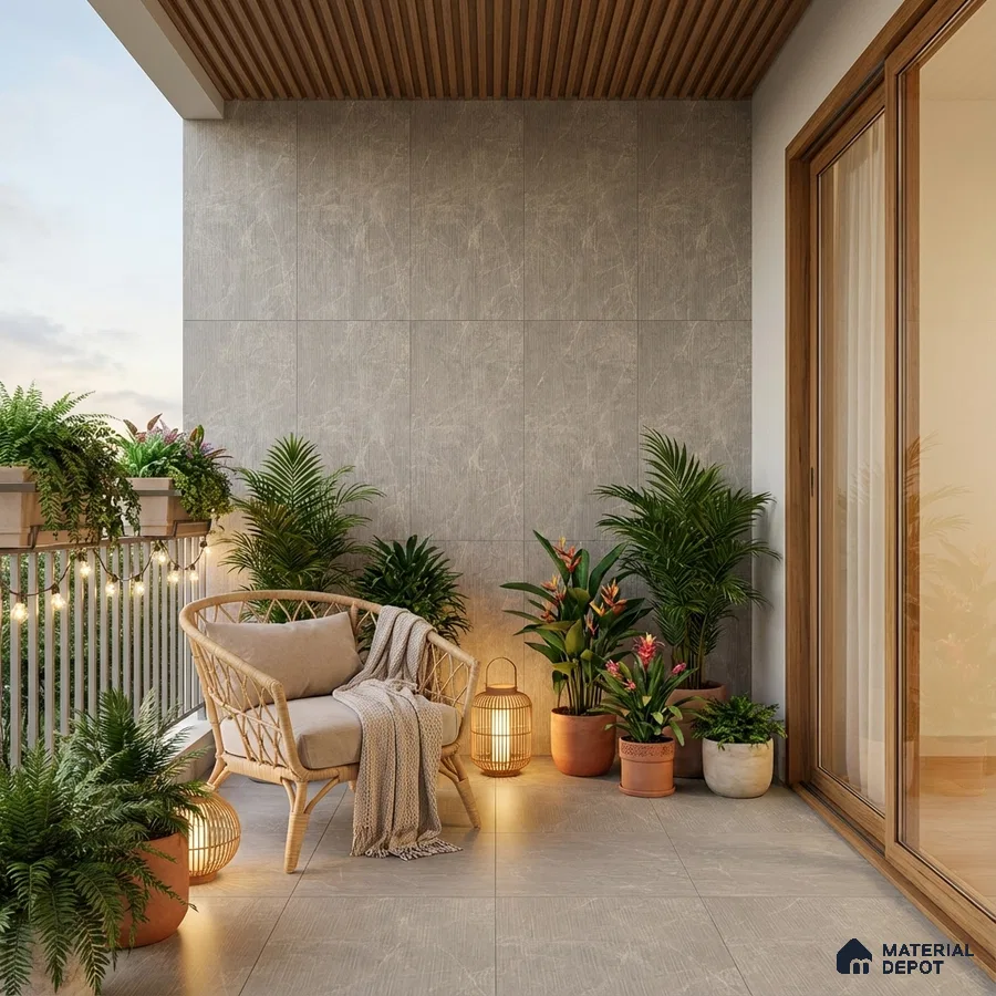 Scandinavian balcony with grey stone wall tiles, beige floor tiles, and wooden louver ceiling