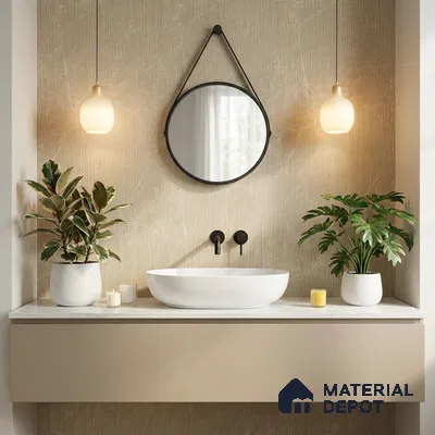 Minimalist bathroom with beige textured wall tile, matte beige vanity, and white marble countertop