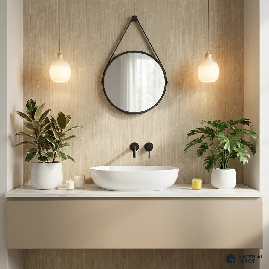 Minimalist bathroom with beige textured wall tile, matte beige vanity, and white marble countertop