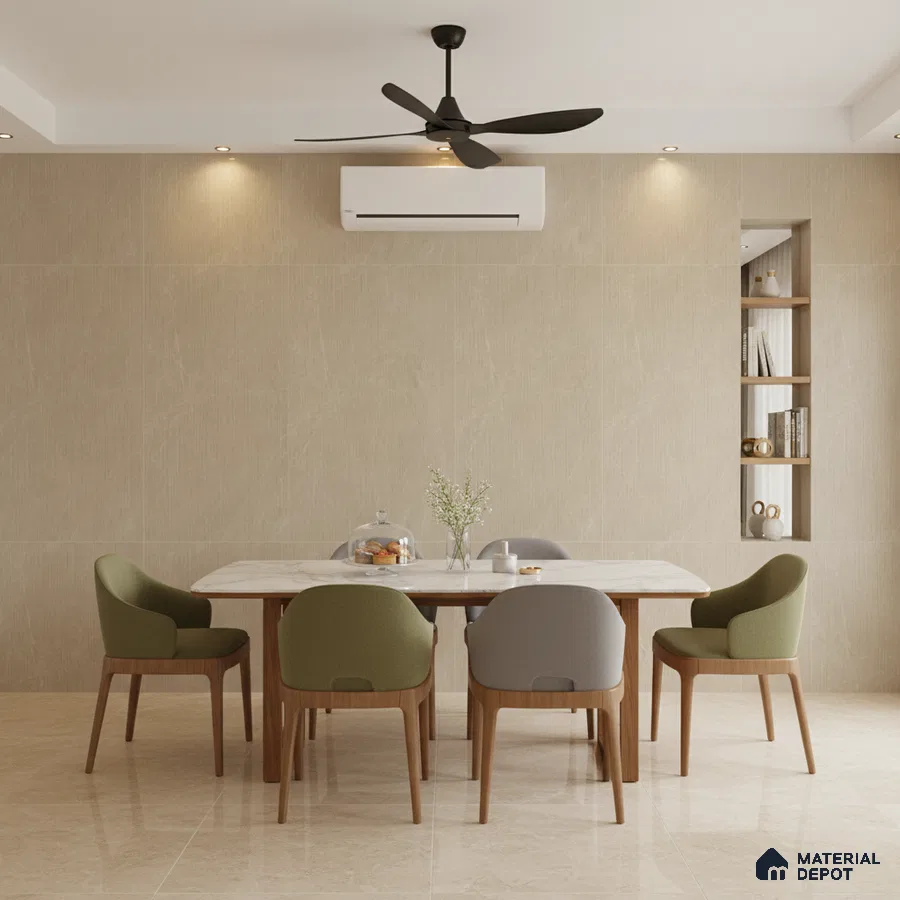 Minimalist dining room with beige marble-look wall tiles, marble tabletop, and wooden dining chairs