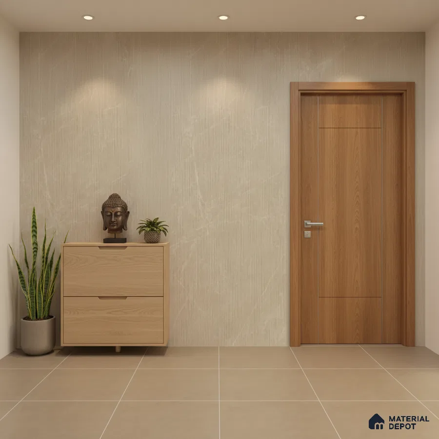 Minimalist foyer with beige marble-look wall, light oak laminate console, and taupe floor tiles