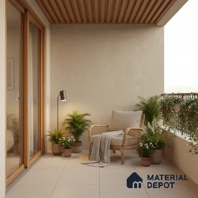 Scandinavian balcony with beige floor tiles, wooden ceiling louvers, and rattan chair