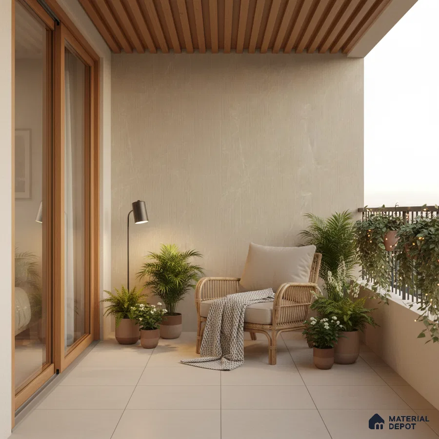 Scandinavian balcony with beige floor tiles, wooden ceiling louvers, and rattan chair