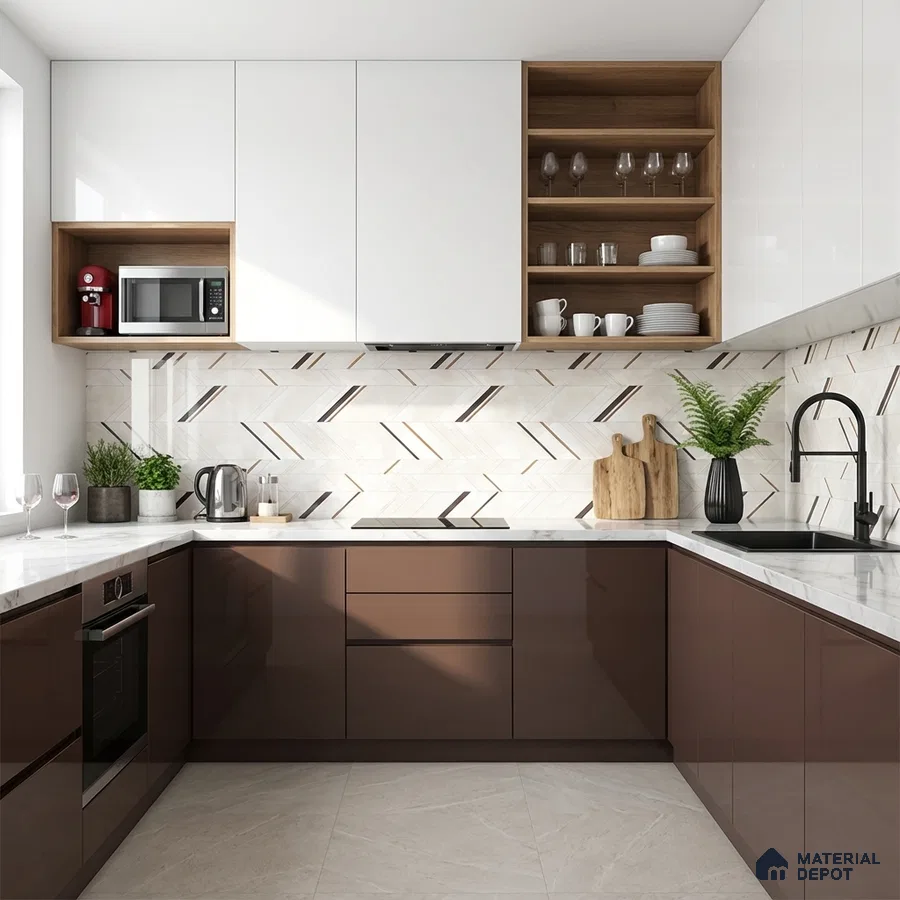 Modern dual tone kitchen with glossy brown and white laminate, marble look backsplash tile, and white quartz countertop