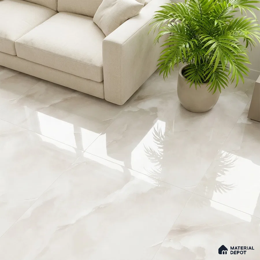 Minimalist living room with glossy beige marble-look floor tiles and neutral fabric sofa