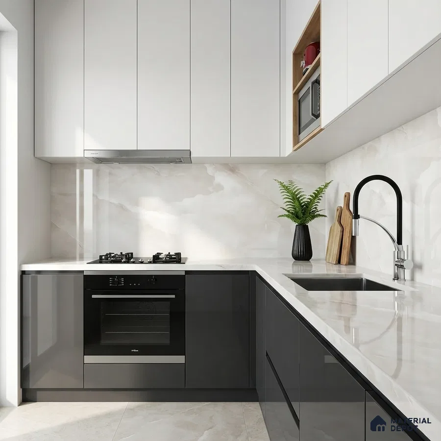Modern kitchen with high gloss grey and white laminate, marble-look backsplash, and white quartz countertop