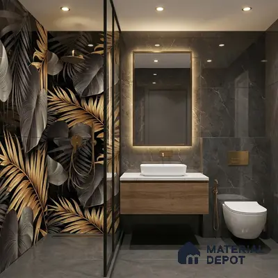 Modern bathroom with gold tropical highlighter wall tile, grey marble wall tile, and wooden vanity
