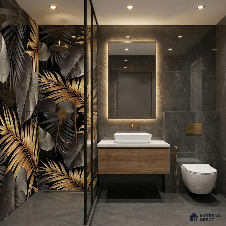 Modern bathroom with gold tropical highlighter wall tile, grey marble wall tile, and wooden vanity