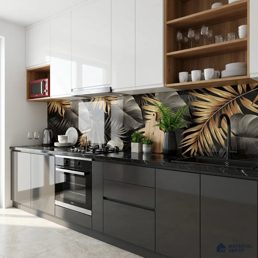 Modern kitchen with tropical leaf highlighter backsplash tile, glossy white and grey laminate, and black quartz countertop