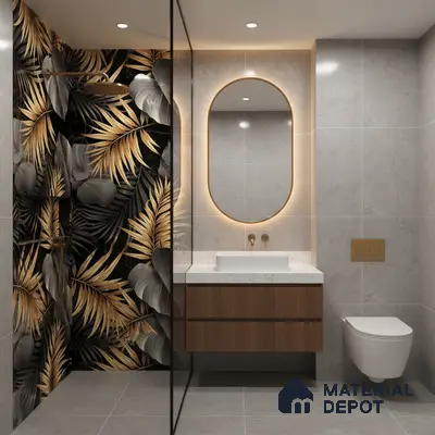 Modern bathroom with tropical black and gold highlighter wall tile, grey stone wall tile, and floating wood vanity